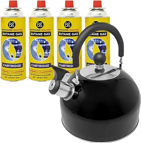 2.5 Litre Camping Kettle and 4 Butane Gas Canisters - Metallic Black Stainless Steel Whistling Kettle - Fishing, Camping, Hiking, Indoor & Outdoor | for Gas Stove, Stove, Camp Fire - EN417 Bottles