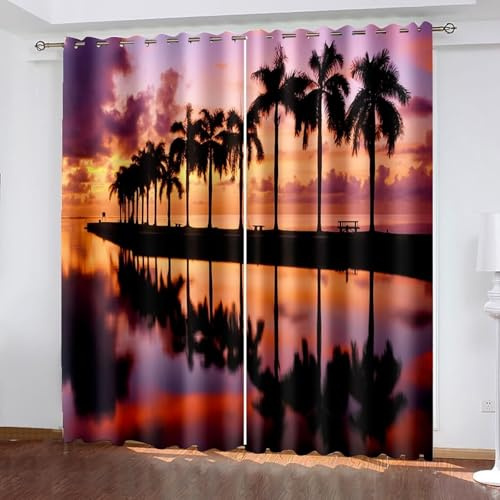 Aotiwe Tende oscuranti, per il bagno, colore: arancione, rosa, viola, tramonto, alberi di cocco, mare, spiaggia, paesaggio, poliestere, 2 pannelli, 274,3 x 182,9 cm