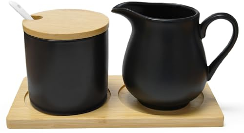 Yunlaishaocer Milch und Zucker Set Keramik mit Deckel, Milchkännchen und Zuckerdose auf Holztablett – Stilvolles Kaffee Tee Service, Mikrowellen- & Spülmaschinenfest (Schwarz)