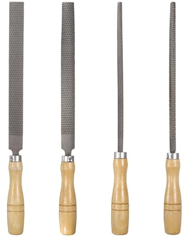 sourcing map Juego de 4 limas de escofina de madera de 8 pulgadas de acero plano/redondo/semicircular/cuadrado, limas de mano multifuncionales con mango de madera para carpintería, afilar madera y
