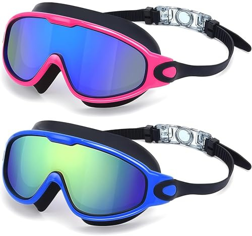 VesavifakaSchwimmbrille pour hommes et femmes 2 pièces, lunettes de plongée adultes, vue panoramique à 180°, anti-buée, protection UV, sans fuite, lunettes de natation claires pour piscine et