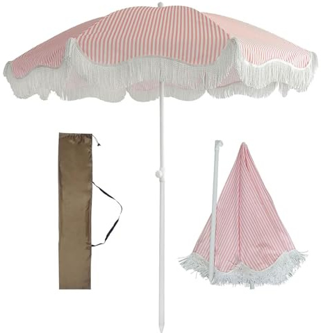 DXUYWSP Grande Ombrellone a Strisce, Ombrellone da Viaggio Pieghevole Rosa da Spiaggia, Ombrello da Tavolo da Patio, Inclinabile, UV 50+, Impermeabile, Antivento, con Nappe Bianche, 200cm
