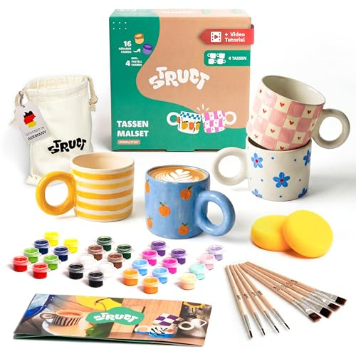 STRUCT® Keramik Bemalen Set - mit 4x Tassen zum Bemalen für Erwachsene - (inkl. Tassen, Farben, Pinsel, Gratis-Videokurs mit Malinspiration) - Tassenmalset - Kreativ Set für Erwachsene