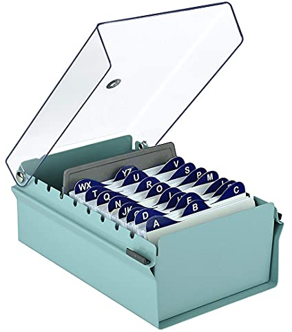 Acrimet 3 x 5 Card File Holder Organizer Box Metal Base Heavy Duty (AZ Index Cards and Divider Included) (Green Color with Clear Crystal Plastic Lid Cover)