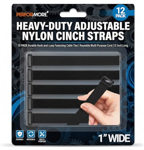 Performore Heavy-Duty Adjustable Nylon Cinch Straps | 12-Pack Durable Hook-and-Loop Fastening Cable Ties | Reusable Multi-Purpose Cord Bundlers | Black 12-Inch Wire, Hose, Tool, Rope Organizer