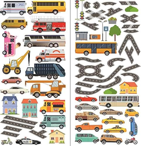 Wandaufkleber für Schlafzimmer, Jungen und Mädchen, Motiv Transports and Roads, Wandaufkleber, für Kinderzimmer, Wandkunst, Spielzimmer, Jungen, Autos, Stadt, 70 x 35 cm, 2 Bögen