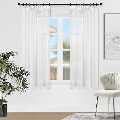 Topfinel Voile Vorhänge mit Kräuselband in Leinen-Optik Transparent für Wohnzimmer Schlafzimmer Fenster Einfarbige Gardinen kurz Weiss 2er Set je140x160cm (BxH)