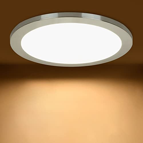 PADMA Bathroom Ceiling Light Fitting LED Flush Ceiling Lights 15W Ultra-Thin Round Ceiling Lighting 1200lm IP44 Waterproof, Silver Chrome Ring Bathroom Lighting for Lounge, Living Room, Bedroom