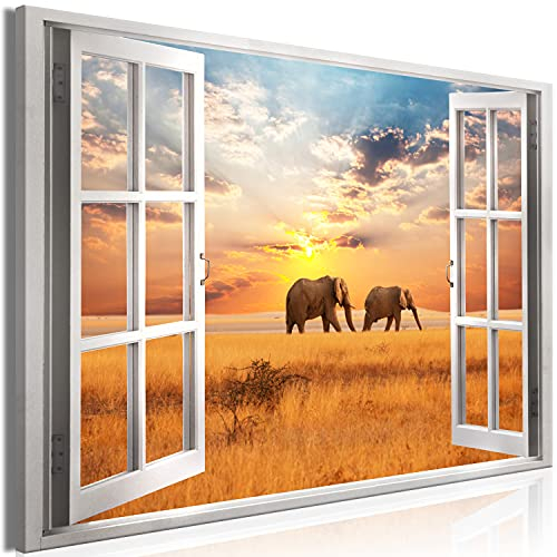 murando - Wandbilder XXL Fensterblick 120x80 cm 1 tlg - Wand Deko Vlies Leinwand Bilder Groß Wanddeko Wohnzimmer Schlafzimmer Kunstdrucke - Afrika Elefant c-C-0388-b-a