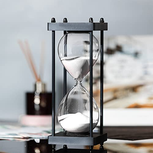 Large Hourglass Timer 60 Minute, Decorative Black Frame Sandglass with White Sand