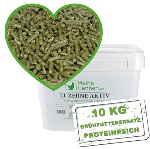 Meine Hennen Luzerne AKTIV PELLETS - Faserreiche Alfalfa Pellets für Hühner, Ergänzungsfutter, 10kg Eimer mit Dosierlöffel, sorgt für gesunde Darmflora, stärkt die Abwehrkräfte