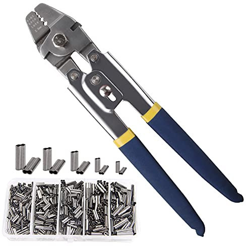 Wire Rope Crimping Tool with Cutter+300pcs Aluminum Crimping Sleeves Kit Effort-Saving Fishing Crimping Pliers Fishing Wire Crimper Tool Crimpers Swager 4 Crimping Size