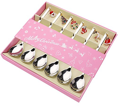 Christmas Coffee Teaspoons, 6pcs Stainless Steel Coffee Gifts Cute Tea Spoons Set Ice Cream/Dessert/Stirring/Sugar Spoon（Silver）