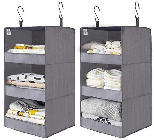 GRANNY SAYS 3-Shelf Hanging Clothes Storage Organiser, Pack of 2 Canvas Hanging Shelf, Hanging Shelf Storage Organisers, Hanging Wardrobe Storage, 3 Tier Short Hanging Shelves for Tent Travel, Grey