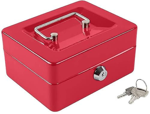 Z&K Metal Cash Box with Key Lock| Stainless Steel Durable Metal Cash Box Money Holder Deposit Safe| Black, Blue, Red Large Deposit Organizer Box with Double Layer & 2 Keys for Security, 4 Inches