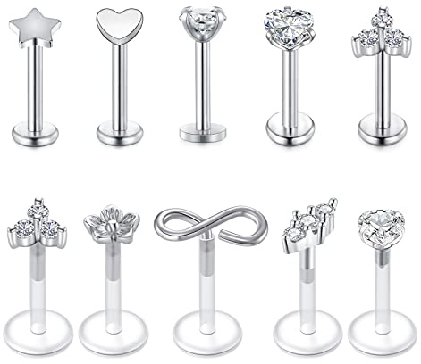 Longita CZ & Opal Acryl Piercing Retainer Labret Bioflex Monroe Lippenring Tragus Ohrringe Helix Knorpel Stud Stab 16 g 15 Stück, Zirkonia, Silber, legierter Stahl, Zirkonia, Edelstahl, Metall