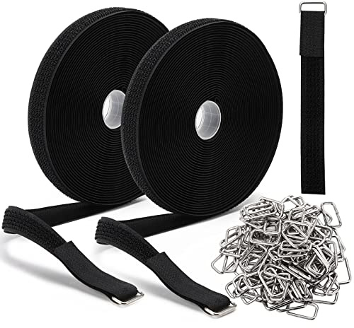 65 Ft x 3/4 Inch Hook and Loop Straps with 100 Metal Buckles, Nylon Fastening Cable Ties Adjustable Cinch Strap, Cut-to-Length, Black