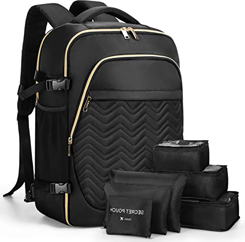 Lekespring Große Rucksack Handgepäck für Damen, 17 Zoll Laptop Rucksack Reiserucksack Business Rucksack mit 6 Teilige Kleidertaschen für Urlaub Business Arbeit Reisen, Schwarz Gesteppt