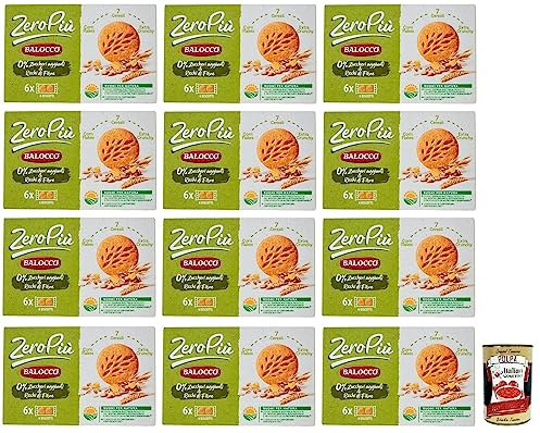 12 galletas Balocco Zero Più Biscotti sin azúcar añadido, galletas con copos de maíz, 7 cereales y extra crujiente, paquete de 230 g + lata italiana Gourmet Polpa di Pomodoro de 400 g