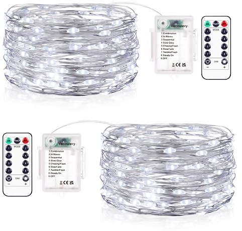 LED Lichterkette Batterie Kaltweiß, 2x10M 100LEDs Kupferdraht Lichterketten Akku 8 Programm mit Timer Wasserdicht DIY Weihnachten Lichterkette Innen für Zimmer, Garten, Balkon, Hochzeit