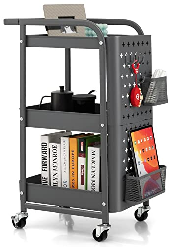 GiantexUK 3-Tier Storage Cart on Wheels, Metal Serving Trolley (Grey)
