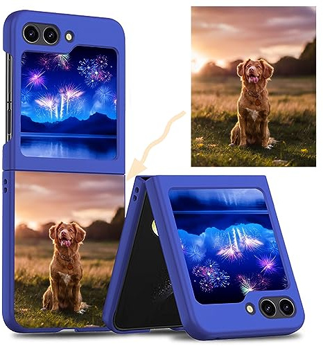 CAXKJE Black Personalised Photo Phone Case for Samsung Galaxy Z Flip 5 (6.70 inch),Design Your Own Photo Image,Text Phone Case,PC Bumper Slim Cover Case,Personalised Case - Blue