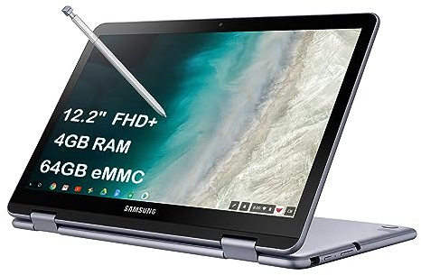Samsung Chromebook Plus V2 360 12.2 FHD+ 2-in-1 Touchscreen (Intel Celeron 3965Y, 4GB RAM, 64GB eMMC, Active Stylus) Home & Education Laptop, 10-Hour Long Battery Life, 13MP Dual Webcam, Chrome OS