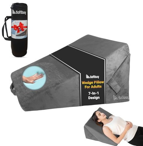 softbuy Orthopaedic 7 in 1 Grey Bed Wedge Pillow for Adults – Adjustable Double Memory Form Wedge Cushion for Reading, Sitting, Acid Reflux, Back Pain, Leg Pain & GERD – Removable Washable Cover