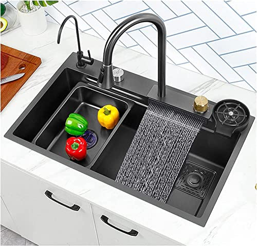 Spüle Home Küchenspülen 27/29,5 Zoll Unterbau-Schwarzes Wasserfall-Spülbecken, 304 Edelstahl Nano Raindance Große Einzelschüssel Kommerzielle Drop-in-Waschbecken-Arbeitsplatte,