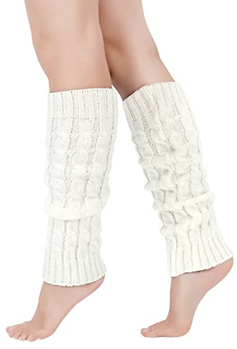 GoGou Leg Warmers Ladies Thermal White Leg Warmers Chunky Cable Knitted Leg Warmer 80s Stylish Accessories for Fancy Party Ballet Skating Ice Dancing