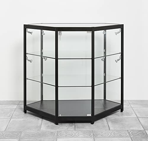 Eigentlich Theken-Eck-Vitrine mit LED Beleuchtung H94xB106,5xT53,5 cm, 6-seitiges Vitrinen-Eckelement, Verkaufsvitrine ESG-Sicherheitsglas, Geschäftsvitrine Schwarze Aluprofile, Vitrine abschließbar