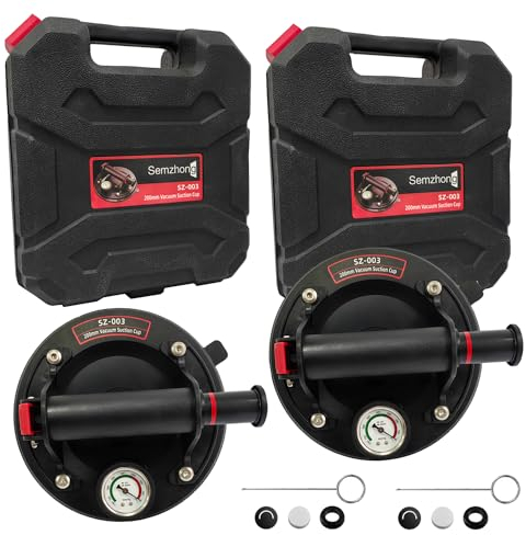 2pcs Vacuum Suction Cups Heavy Duty Glass Suckers Lifters 8 Inch Glass Lifters Vacuum Lifting Pads Tools with Pressure Gauge Carrying Case for Granite Tiles Marble Windows 440lbs Load Capacity