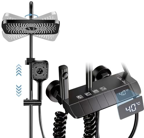 Duschsystem mit Thermostat, LED Digitalanzeige Mischbatterie Duschsäuleset, Handbrause mit 3 Strahlstärken, Duschset mit Armatur, Verstellbare Duschstange und Eckige Kopfbrause (Schwarz)