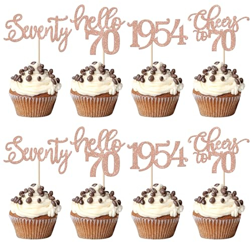 SYKYCTCY 24 Pack 1955 Birthday Cupcake Toppers Seventy Hello 70 Cupcake Picks Cheers to 70 Cake Decorations for 70th Birthday Party Anniversary Party Supplies Rosegold