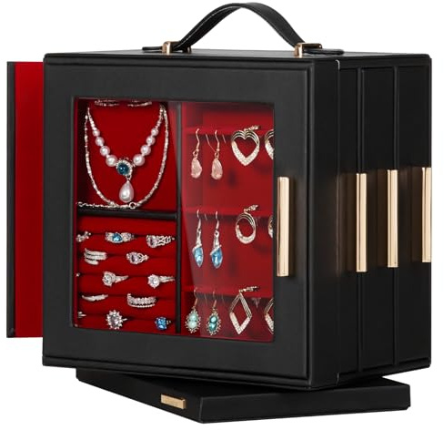 Seelux Schmuckkästchen 360° drehbar, Schmuck Organizer mit transparentem Fenster, Spiegel, 15 Schubladen, großes Schmuckaufbewahrungsetui für Mädchen und Frauen (Schwarz + Rot)