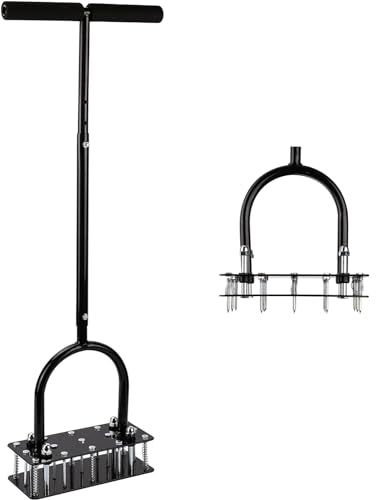 Manuelle Rasenbelüfter,Aerifizierer für Rasen,automatisches Schmutz- und Blatt-sauberes Design, höhenverstellbare manuelles Rasenbelüfter-Werkzeug mit 15 Massiven Stahlnägeln für Rasen oder Hof