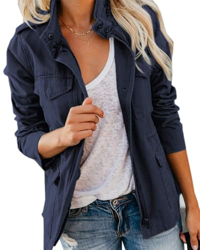 Imily Bela övergångsjacka dam vår ståkrage jacka pojkvän parkas sommarjacka lätt lätt jacka kort kappa, Marinblå, XXL