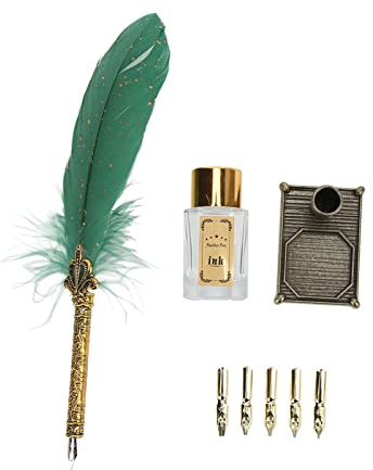 Emoshayoga Federstift-Set Feder Kalligraphie Dip Pen Set, Zinklegierung Gravierte Feder Vintage Stil Kunst Schreiben Stift mit grüner weicher Textur, DIY Making Kalligraphie PenFeather Ink Pen