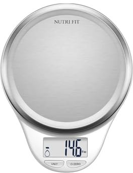 NUTRI FIT Bilancia da cucina digitale professionale, elettronica, in acciaio inox, grande display LCD, precisione 1 g, massimo 5 kg, tara, spegnimento automatico (bianco)