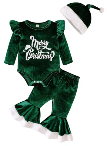 Kunyeah 3 Piezas Bebé Niña Outfit de Navidad Mi 1ª Ropa Tops de Terciopelo Infantil + Pantalones de Campana + Gorro (Verde, 12-18 Meses)