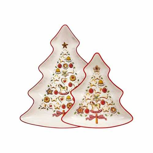 Villeroy & Boch Winter Bakery Delight Baumschalen-Set 2-teilig, 17 cm I 27 cm, Servierschalen in Baum-Form mit Weihnachtsmotiven, Ideal für Plätzchen Kekse und Weihnachtsgebäck, Premium Porzellan
