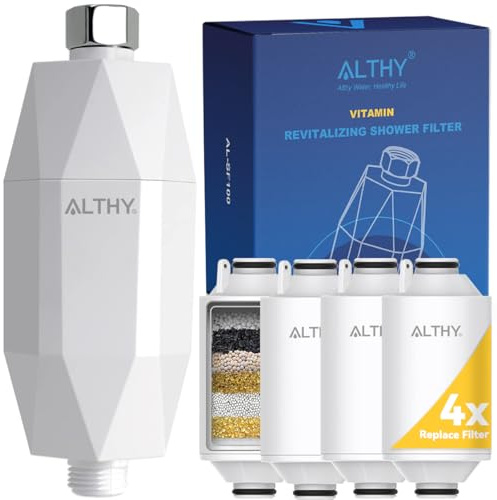 ALTHY Filtro de ducha de con vitamina C para agua dura | Reduce el cloro, los metales pesados y ablanda agua dura | Previene sequedad, picazón, caída pelo y caspa | Incluye 4 filtros