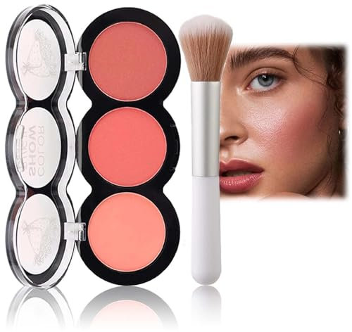 Tricolor Blush Palette with Fiber Brush - Natural-Looking & Long-Lasting Contour Makeup for Cheeks - Nude Fine Blush for Women - Skin-friendly & Easy to Blend Powder Blush