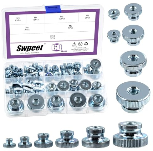 Swpeet 60Pcs 6 Sizes M3 M4 M5 M6 M8 M10 Blue-White Zinc Carbon Steel High Head Through Hole Knurled Thumb Nuts Assortment Kit, Round Knurled Thumb Nuts Lock Adjusting Nut for 3D Printer Parts