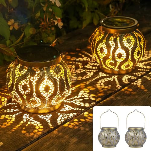 JOYCREATOR Lot de 2 lanternes solaires d'extérieur étanches IP65 - En métal - Pour l'extérieur - Blanc chaud - Lampes solaires orientales pour extérieur, jardin, balcon, arbre, pelouse, table (cuivre