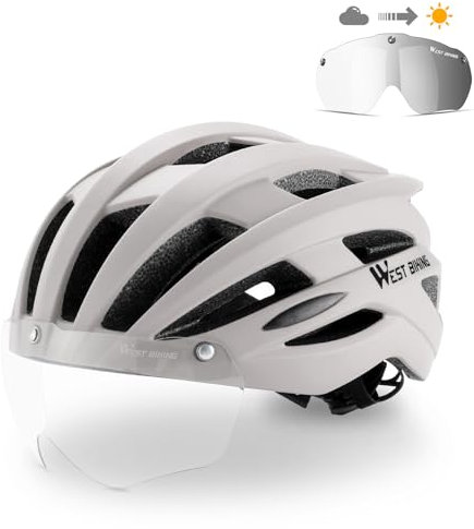 Verstellbarer Fahrradhelm, Sonnensicherer Atmungsaktiv Mountainbike Helm mit Magnetischem Brille und USB Aufladung LED Licht, Einstellbarer Cityhelm für Erwachsenen Herren Damen(Weiß)