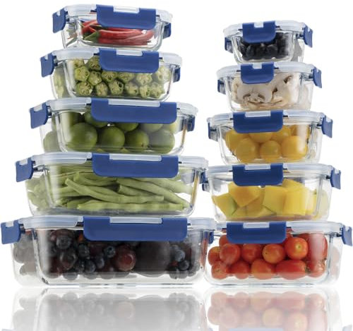 Meal Prep Glass Food Storage Containers 10 Pack, Glass food storage container with Snap Lock Leakproof Lids, Reusable Microwave safe BPA-free Lunch Boxes