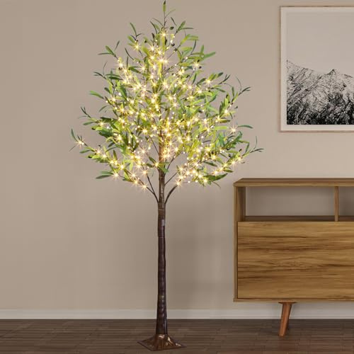 EAMBRITE Lighted Artificial Olive Tree for Indoor Decor, 6Ft Eucalyptus Tree with Fairy Lights, Light Up Artificial Plant tree 300 LED Warm White for Home Party Wedding Easter Christmas Decorations