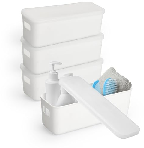 YKUKIZEE 4 Pack Small Narrow Plastic Storage Box with Lid Slim | for Bathroom, Shelves, Kitchen, Cupboard, 28x10x9.2 cm, White, Rectangle