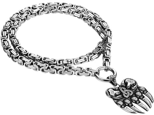 Flongo Collar Vikingo Con Cabeza De Lobo: Collares De Cadena Bizantina - Amuletos De Garra De Oso Y Garra De Lobo En Acero Inoxidable - Joyería Vikinga Nórdica Para Hombres